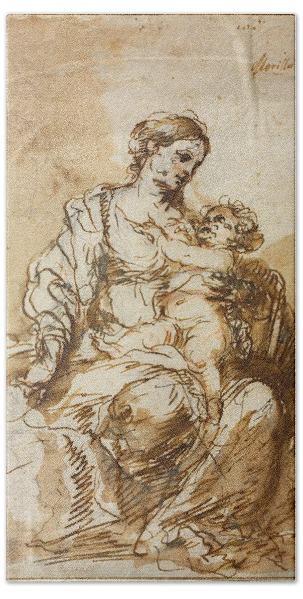 Bartolome Esteban Murillo Hand Towel featuring the painting 'Madonna Nursing the Christ Child', c. 1670, Pen and ink, 24,1 x 18,5... by Bartolome Esteban Murillo -1611-1682-