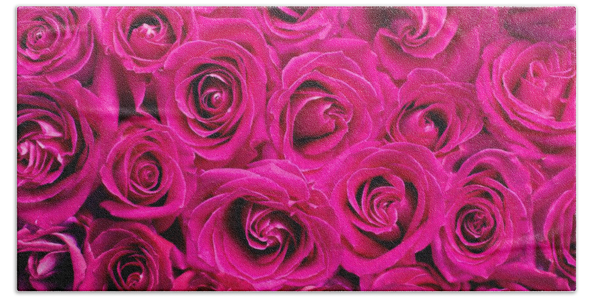 Flower Bath Towel featuring the photograph Magenta roses by Top Wallpapers