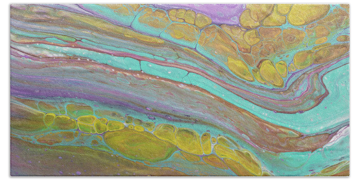 Abstract Hand Towel featuring the painting Magenta Turquoise And Gold by Darice Machel McGuire
