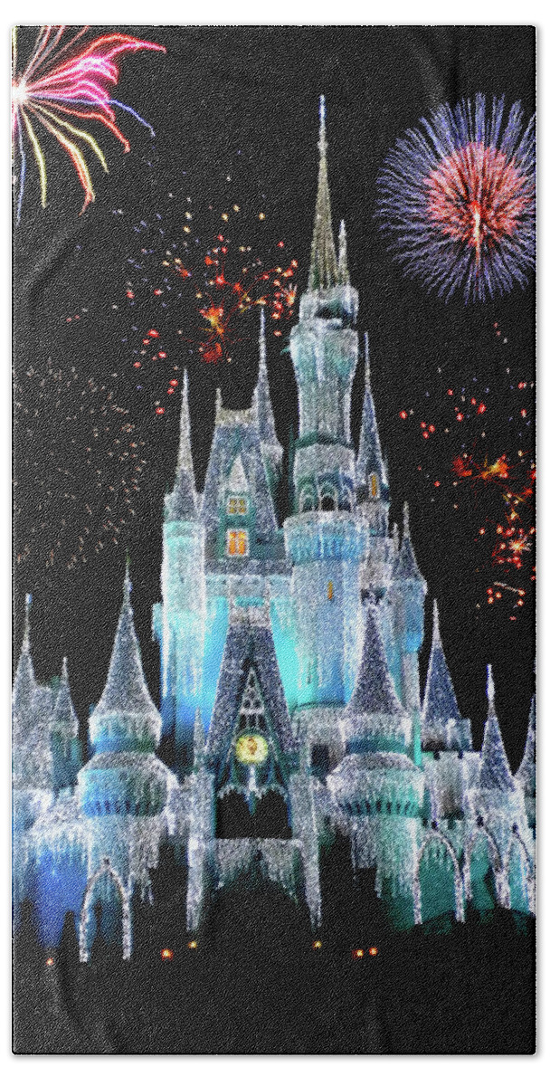 Castle Hand Towel featuring the photograph Magic Kingdom Castle In Frosty Light Blue with Fireworks 06 by Thomas Woolworth