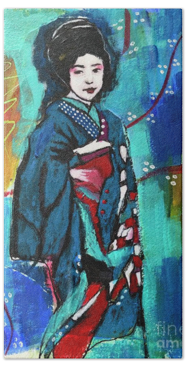 Geisha Hand Towel featuring the mixed media Maiko in blue by Corina Stupu Thomas