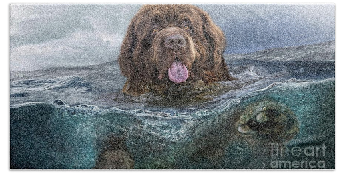 Ultra Hd Bath Towel featuring the painting Majestic Newfoundland Dog Swimming Ultra HD by Hi Res