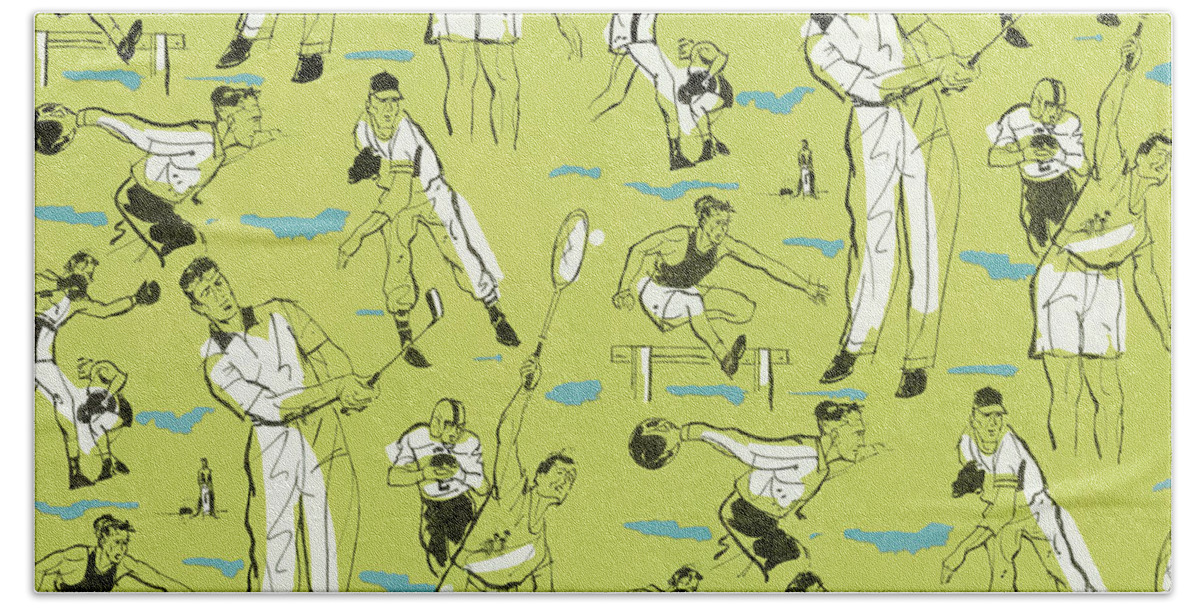 Action Bath Towel featuring the drawing Male athletes pattern by CSA Images
