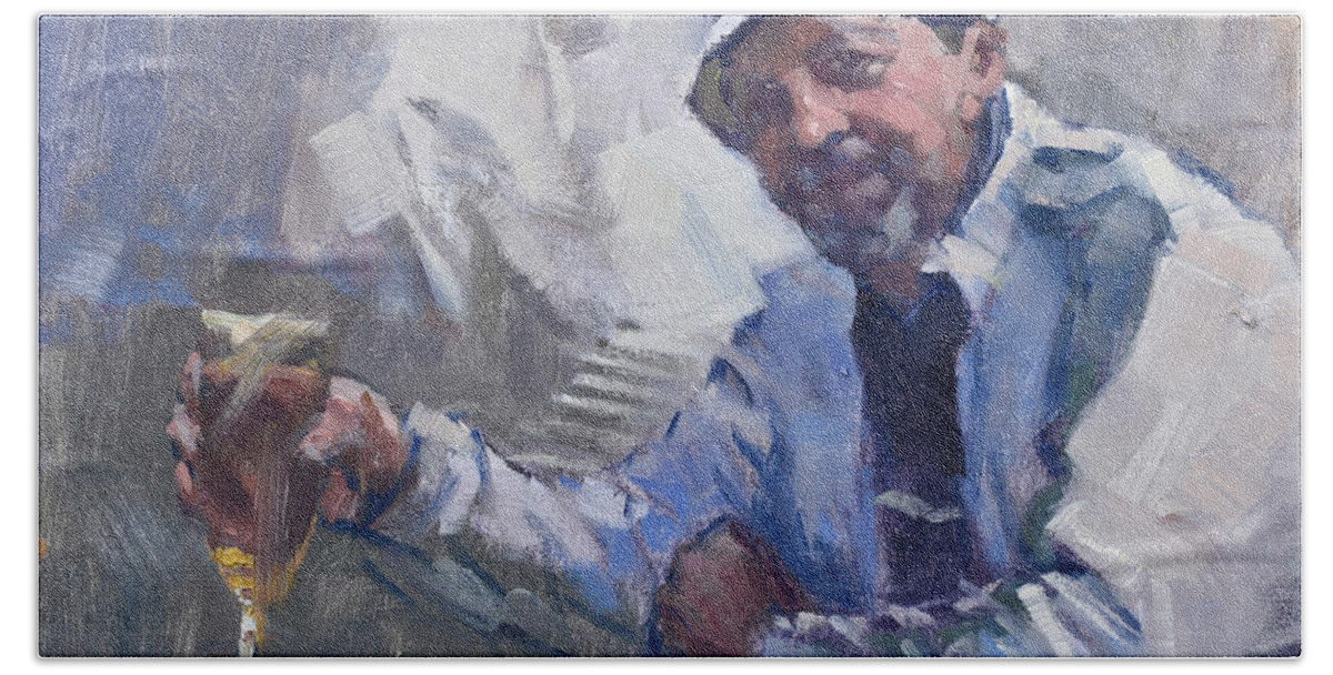 Man Drinking Hand Towel featuring the painting Man with a Drink by Ylli Haruni