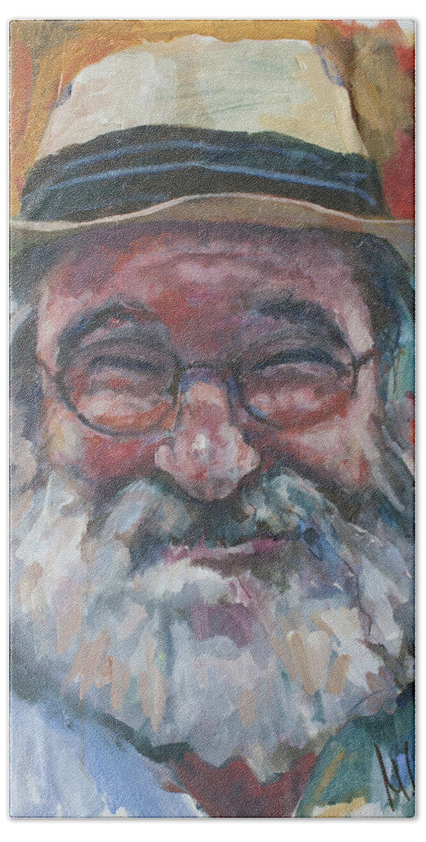 Portrait Bath Towel featuring the painting Man with yellow hat by Maxim Komissarchik
