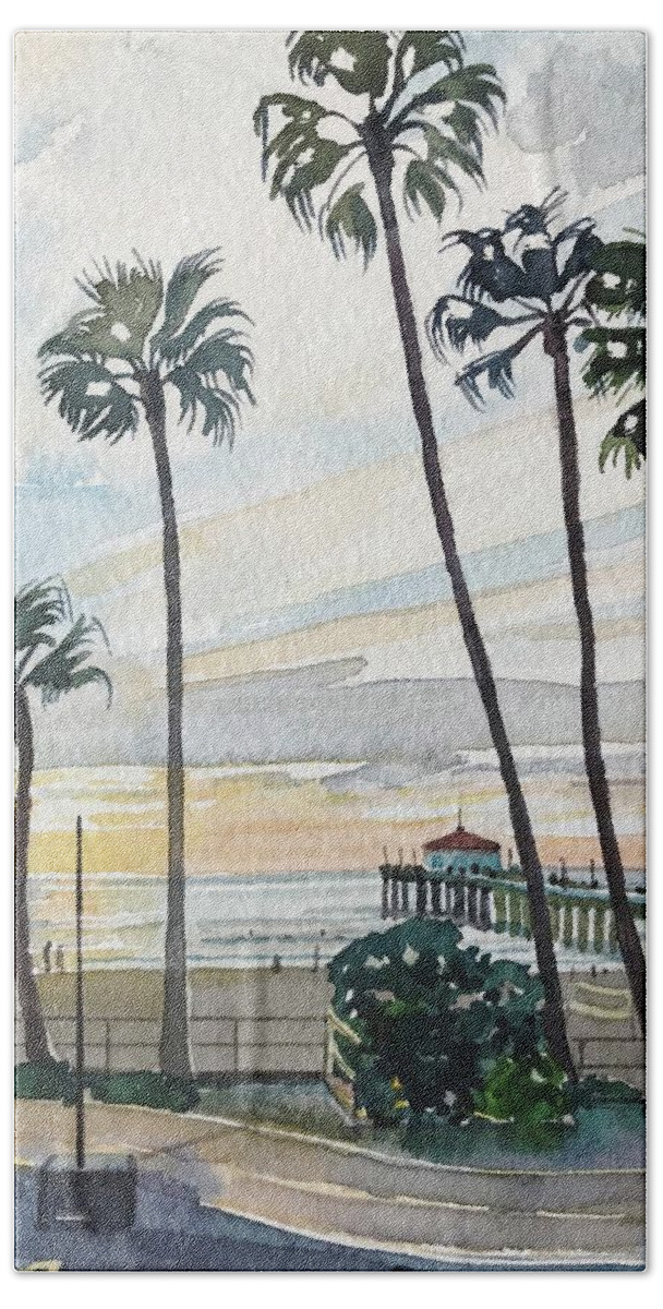 Manhattan Beach Hand Towel featuring the painting Manhattan Beach #2 by Luisa Millicent