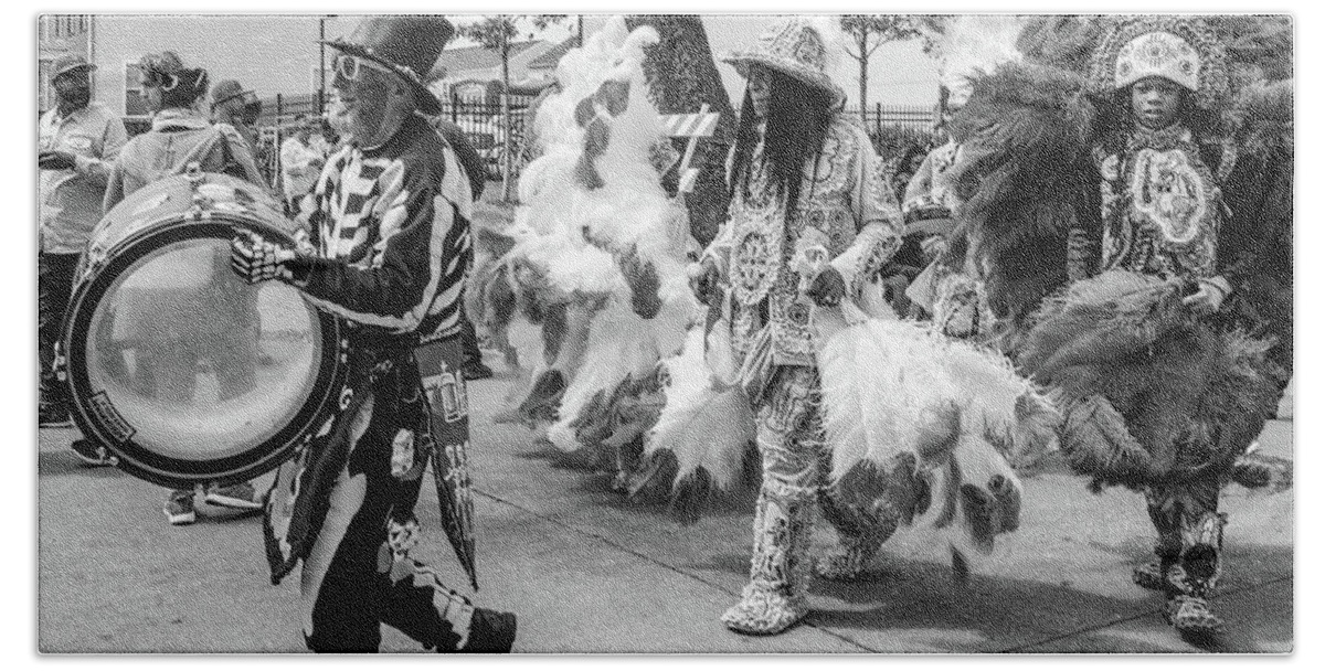 Men Bath Towel featuring the photograph Marching on Mardi Gras Indian Day - BW by Kathleen K Parker