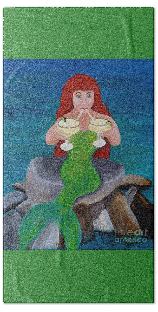 Mermaid Hand Towel featuring the painting Margaritas on the Rocks Mermaid by Elizabeth Mauldin