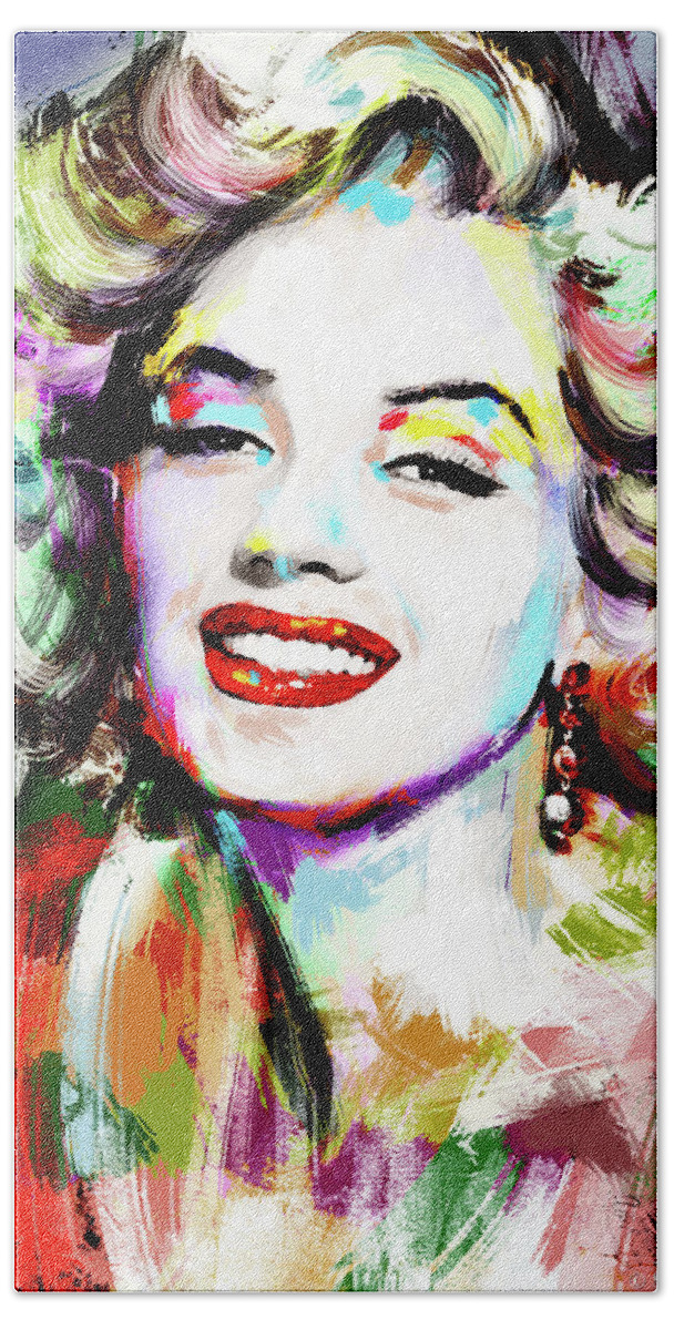 Marilyn Hand Towel featuring the painting Marilyn Monroe drawing by Stars on Art