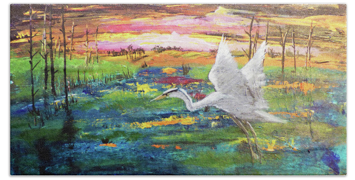 Landscape Bath Towel featuring the painting Marsh Sunset with Egret by Sharon Williams Eng