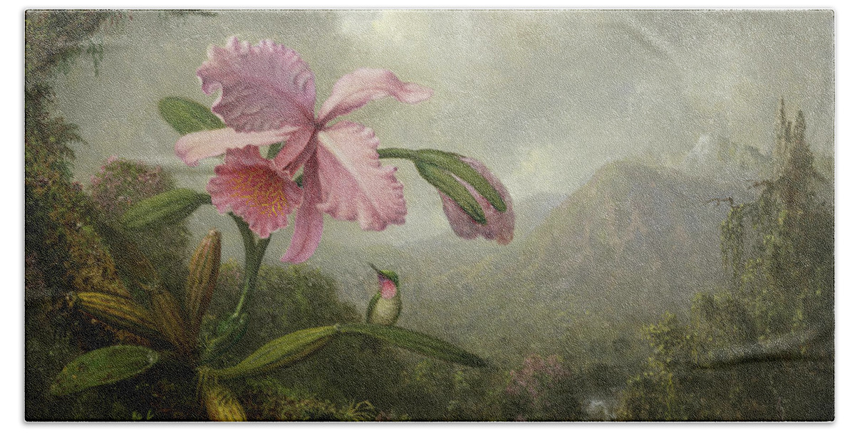 Canvas Bath Towel featuring the painting Martin Johnson Heade -Lumberville, 1819-St. Augustine, 1904-. Orchid and Hummingbird near a Water... by Martin Johnson Heade -1819-1904-