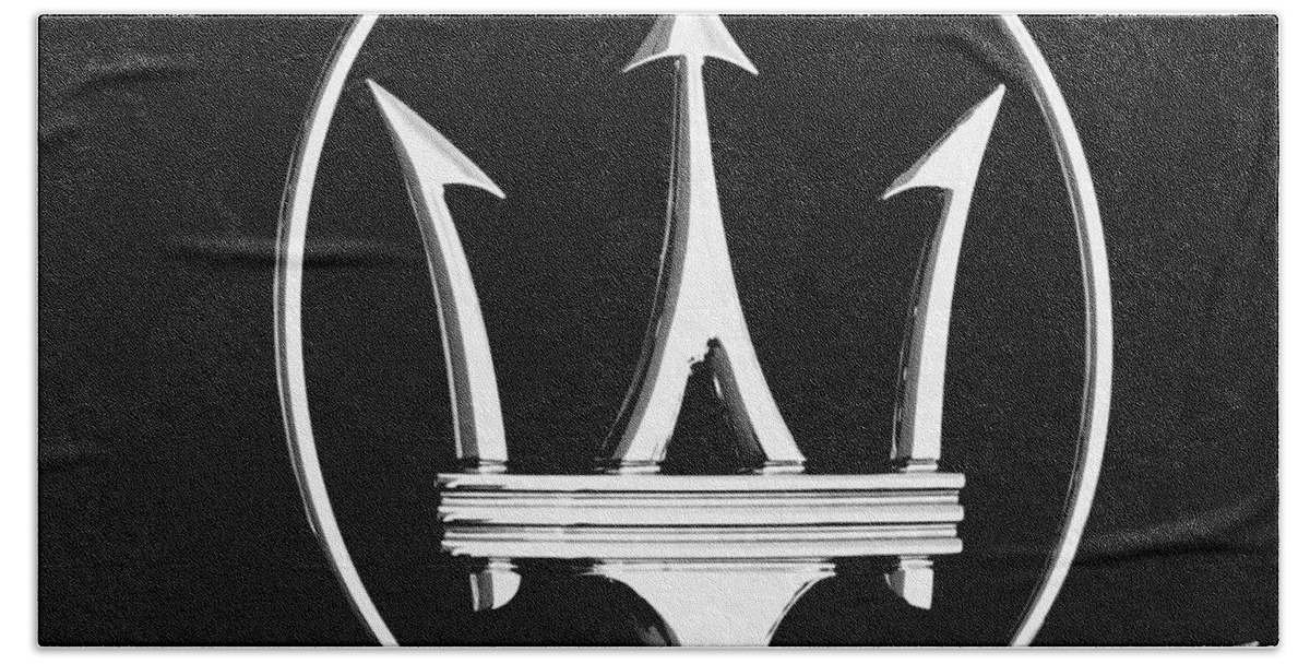 Maserati Bath Towel featuring the photograph Maserati's Trident badge by Stefano Senise