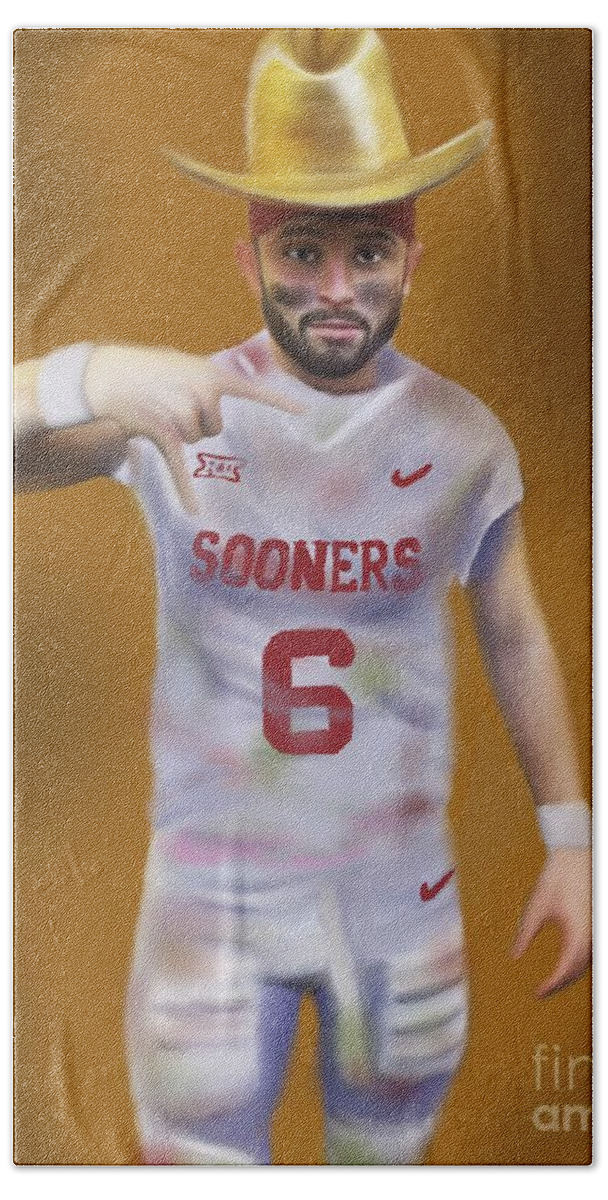 Baker Mayfield Bath Towel featuring the painting Mayfield Horns Down by Jack Bunds