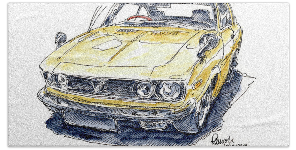 Mazda Hand Towel featuring the drawing Mazda RX87 Luce R130 Classic Car Ink Drawing and Watercolor by Frank Ramspott