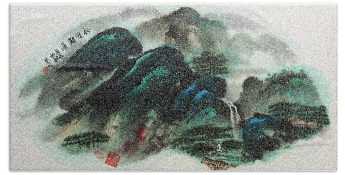 Chinese Watercolor Hand Towel featuring the painting Meditation Among the Pines by Jenny Sanders