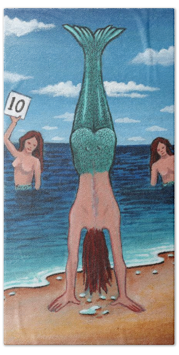 Mermaids Bath Towel featuring the painting Mermaid Handstand Contest by James RODERICK