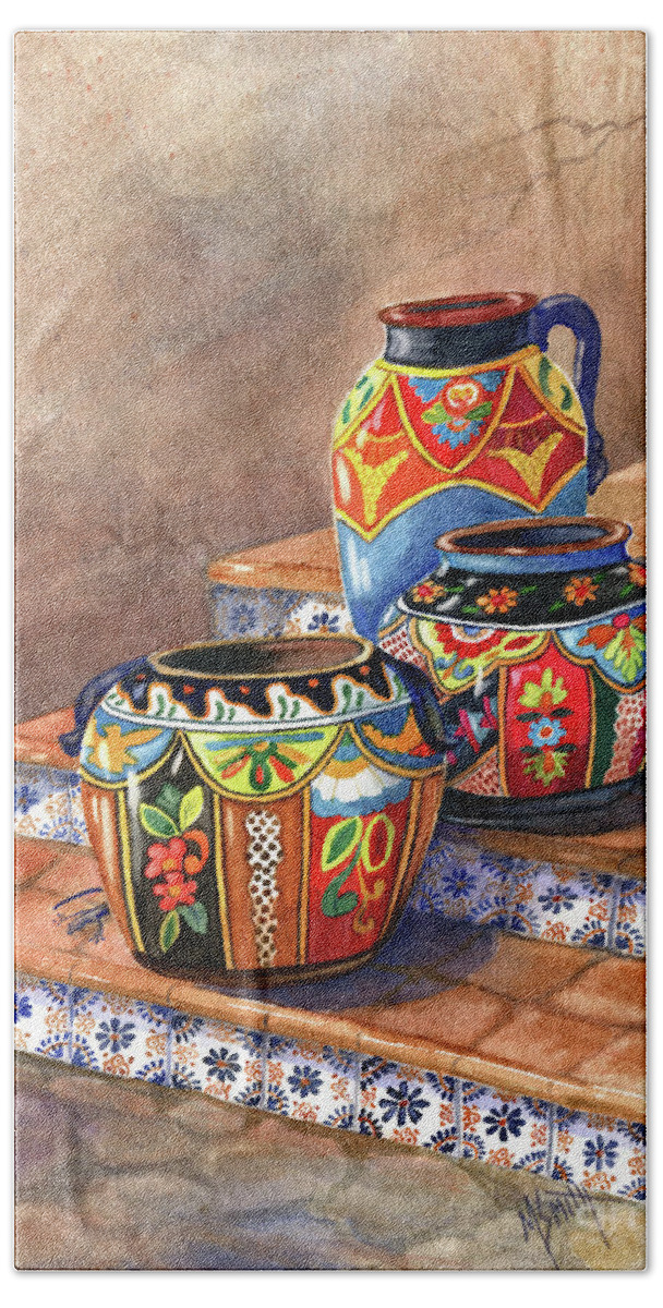 Mexican Pottery Hand Towel featuring the painting Mexican Pottery Still Life by Marilyn Smith