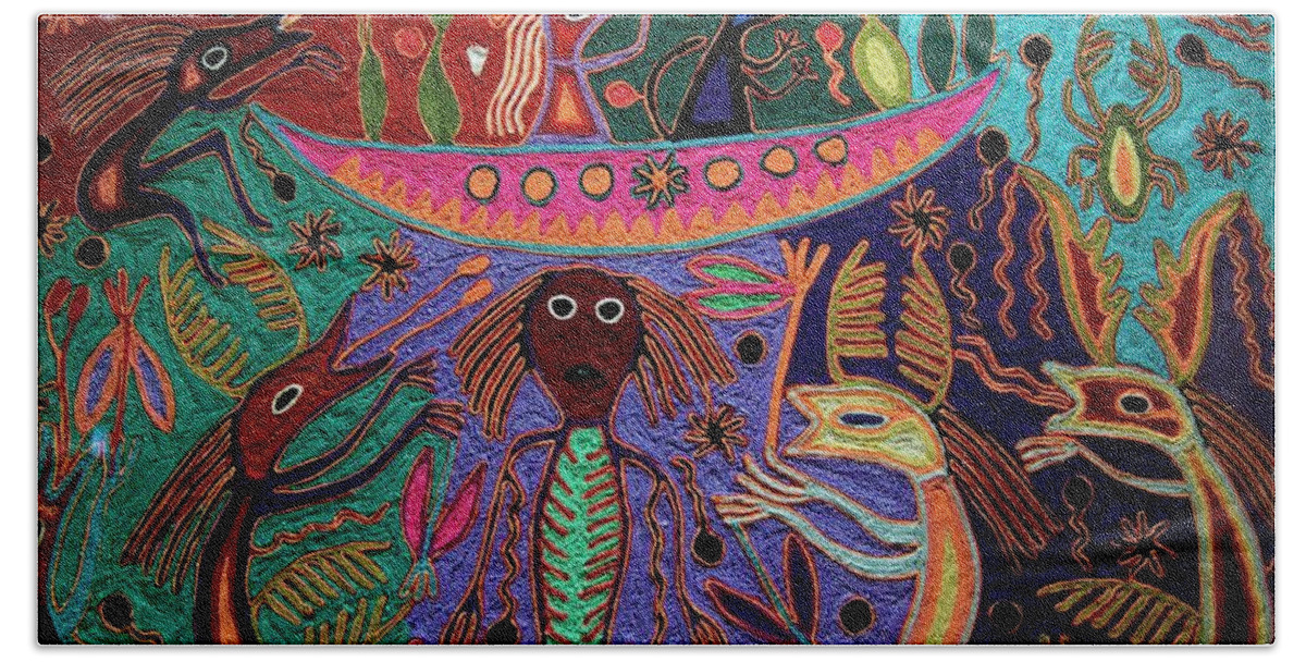America Hand Towel featuring the painting Mexico.Mexico city.National Museum of Anthropology. Huichol art. by Album