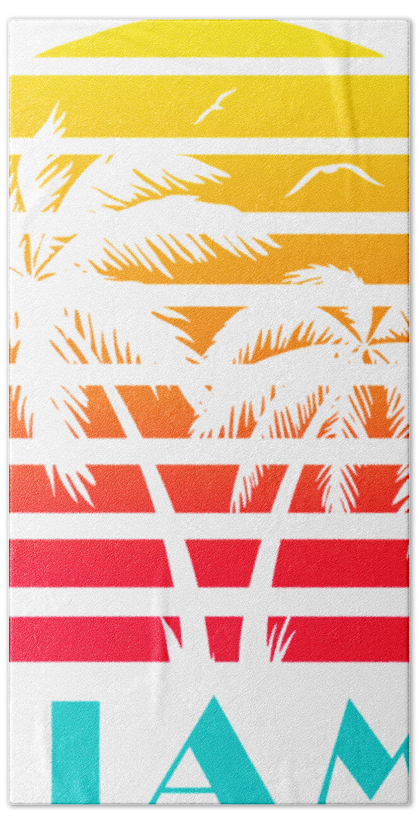 This Cool And Awesome Tee Shirt Features A Classic Vintage Sunset Inspired By Retro Vhs Tapes Of Famous Tv Shows And Movie Posters. Palm Trees And Seagulls In Front Of A Beautiful Tropical Sun That Glows In Yellow Bath Towel featuring the digital art Miami 80s Tropical Sunset by Filip Schpindel