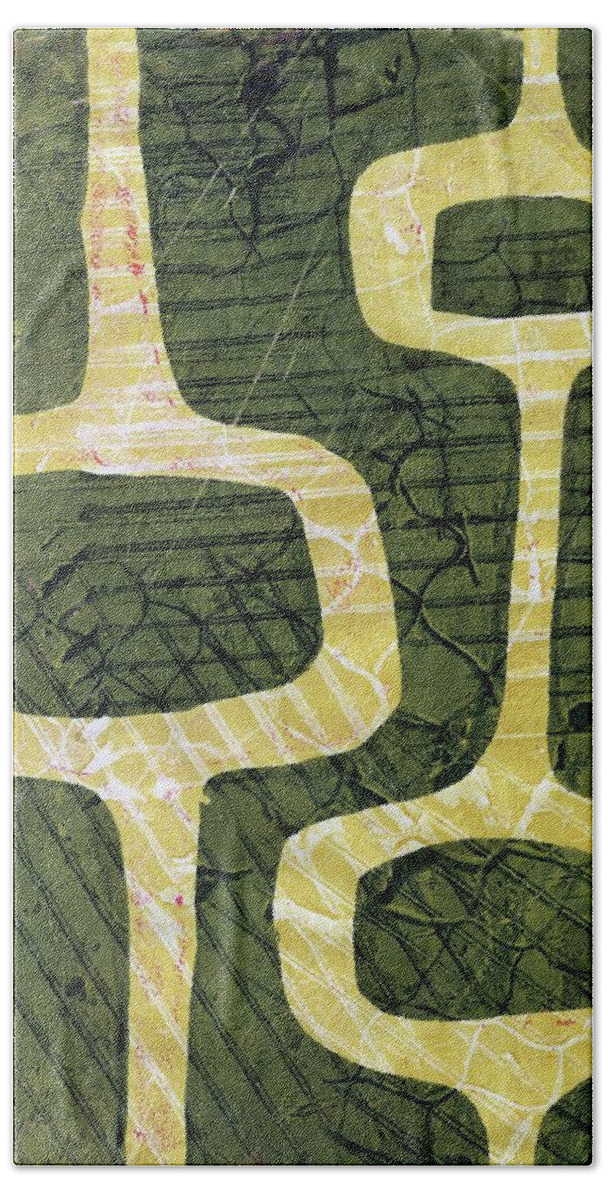 Mid Century Bath Towel featuring the painting Mid Century Modern abstract gelli plate green yellow by Jane Linders