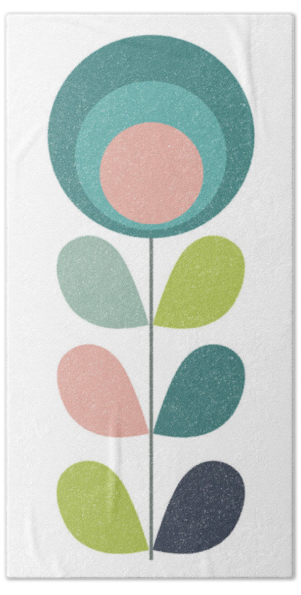 Mid Century Hand Towel featuring the mixed media Mid Century Modern Teal Flower I by Naxart Studio