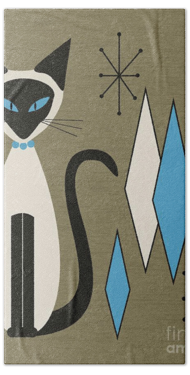 Siamese Cat Hand Towel featuring the digital art Mid Century Siamese with Diamonds by Donna Mibus