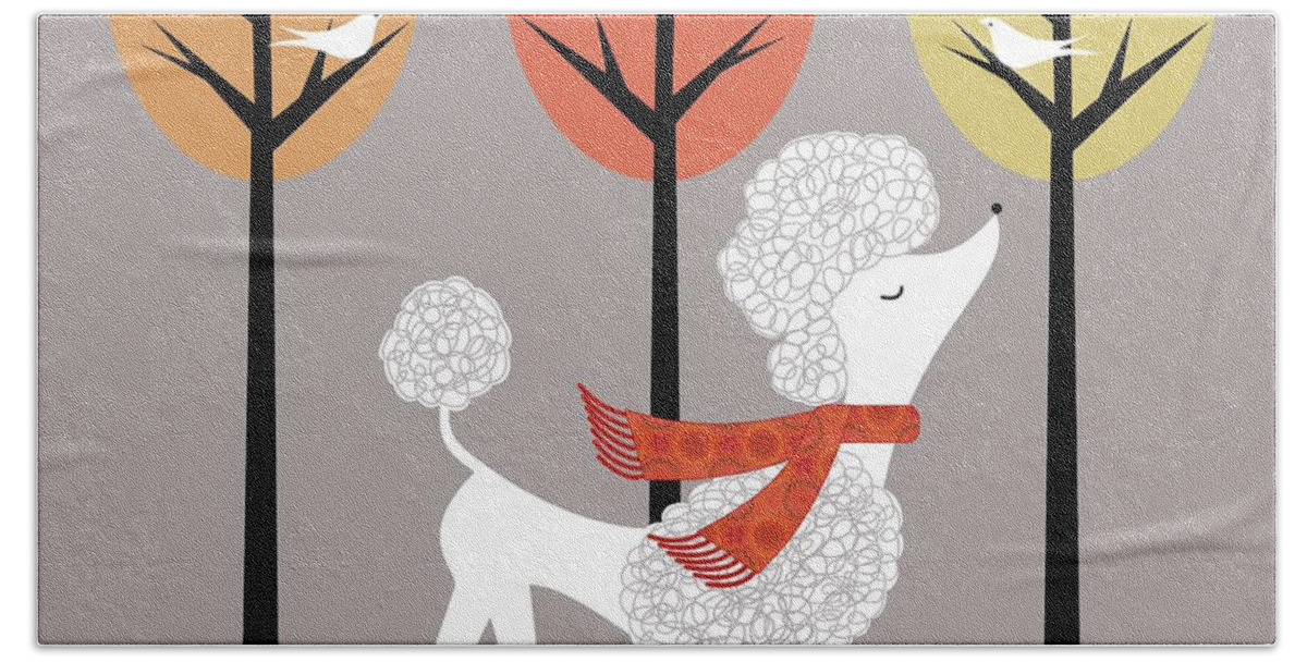 Spoo Bath Towel featuring the digital art Mid Century White Poodle Fall by Donna Mibus