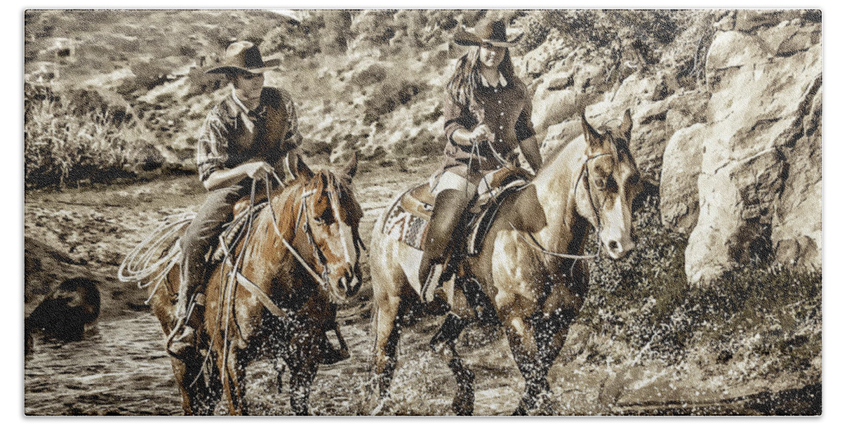 Cowboy Cowgirl Sepia Tone Photography Bath Towel featuring the photograph Midday Ride by Jerry Cowart