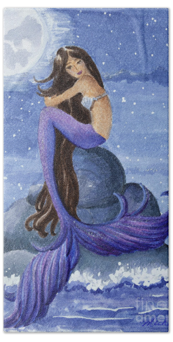 Midnight Mermaid Hand Towel featuring the painting Midnight Mermaid by Michelle Constantine