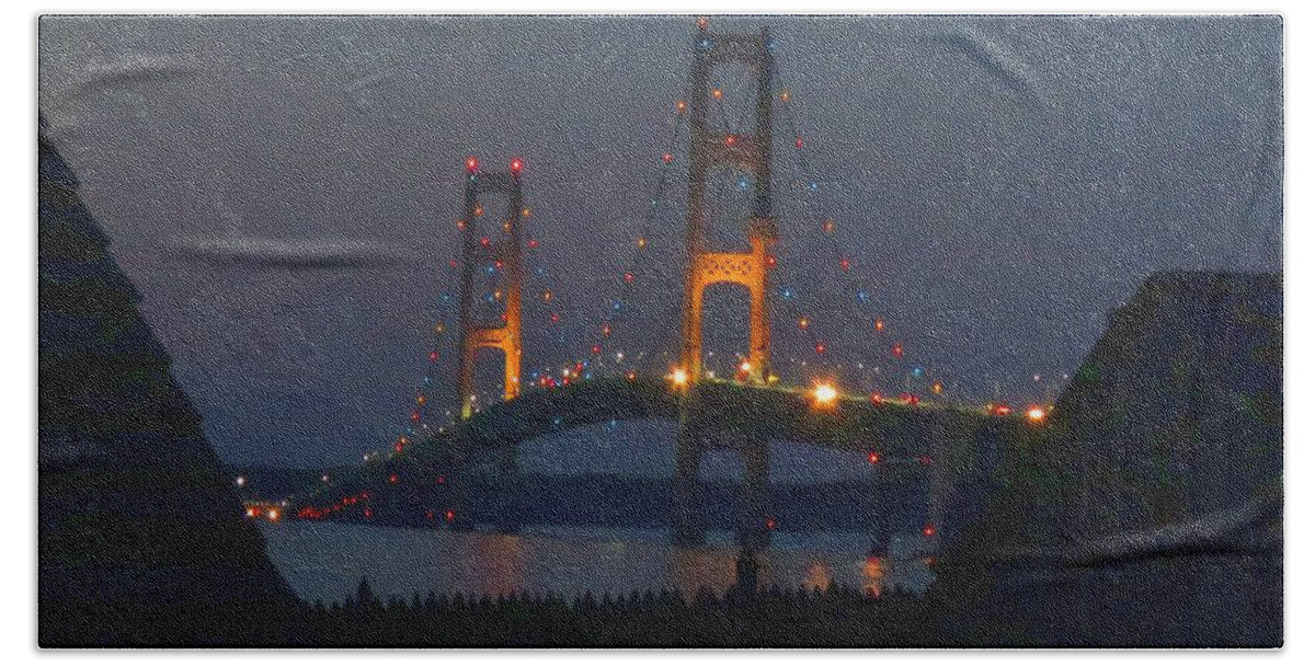 Mackinac Bridge Bath Towel featuring the photograph Mighty Mac from Fort Michilimackinac by Keith Stokes