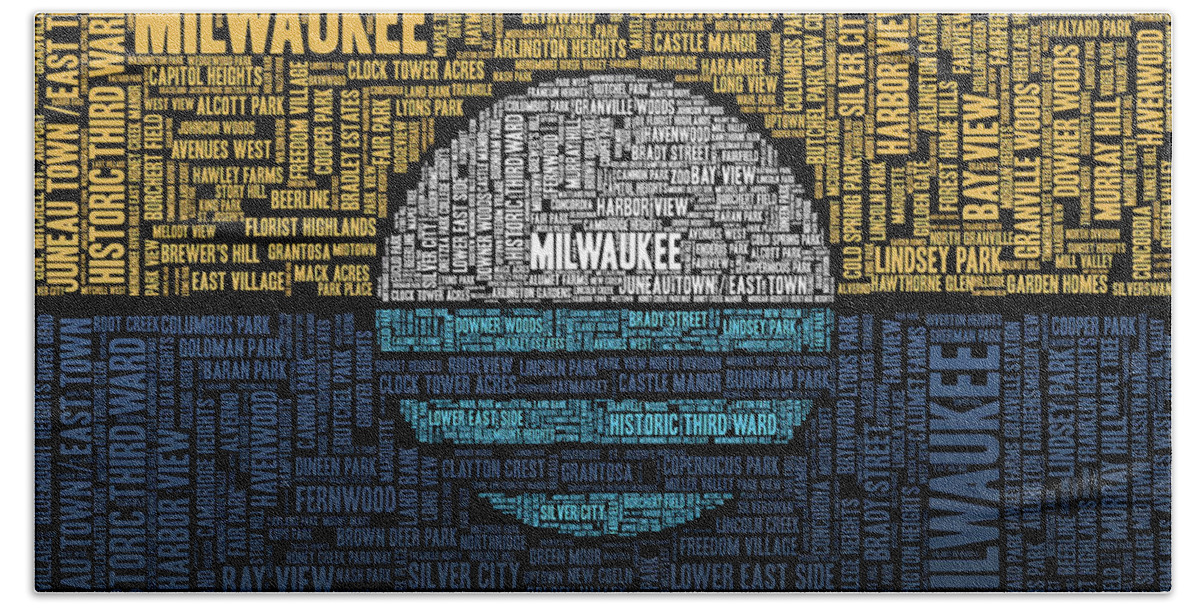 Word Cloud Bath Sheet featuring the digital art Milwaukee Neighborhood Word Cloud by Scott Norris