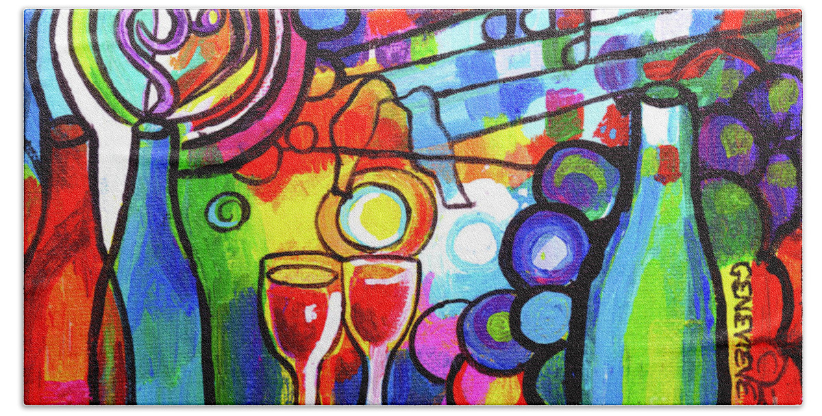 Wine Bath Towel featuring the painting Mini Wine Menagerie Abstract by Genevieve Esson