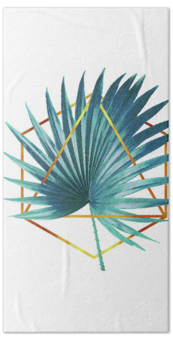 Tropical Palm Leaf Bath Towel featuring the mixed media Minimal Tropical Palm Leaf - Palm and Gold - Gold Geometric Shape - Modern Tropical Wall Art - Blue by Studio Grafiikka