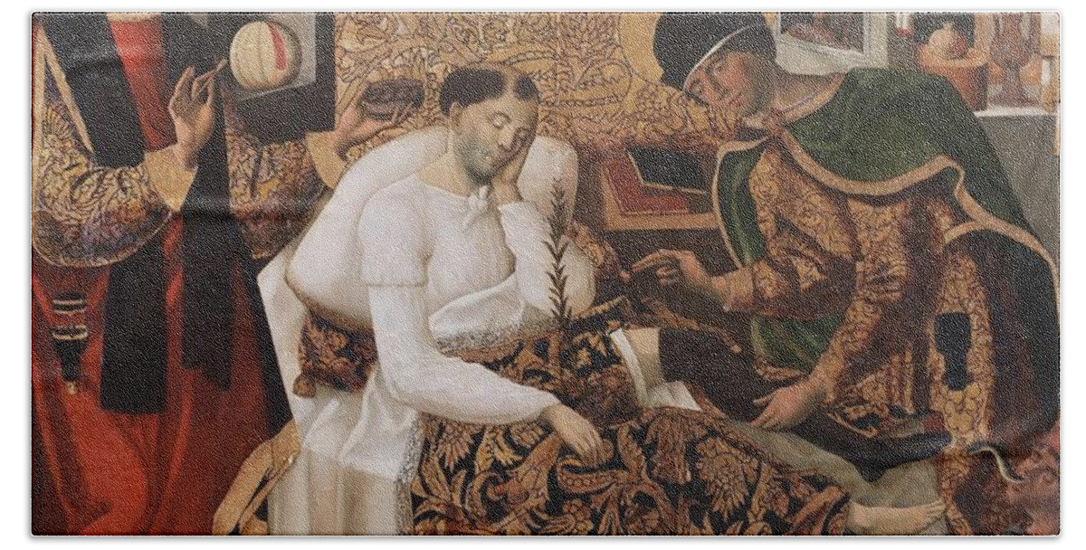 Fernando Del Rincon Bath Towel featuring the painting 'Miracles of the Doctor Saints Cosmas and Damian'. Ca. 1510. Oil on panel. by Fernando del Rincon de Figueroa -fl 1491-1525-