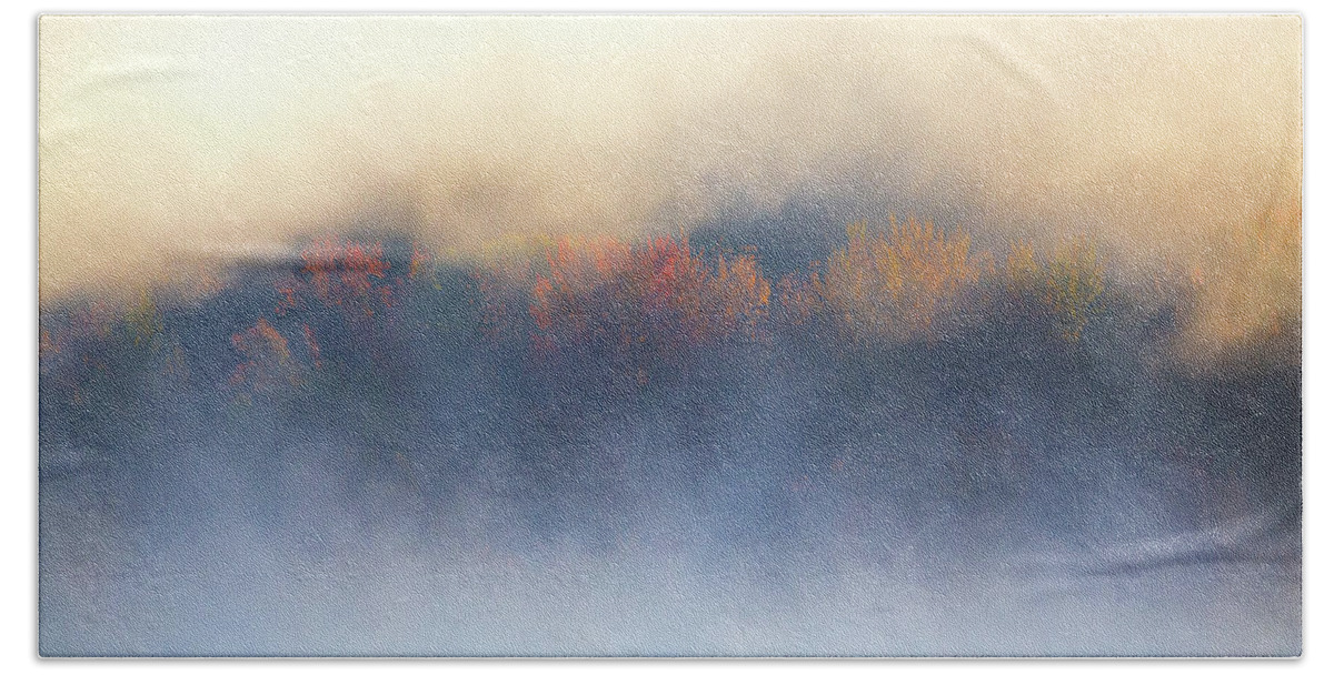Misty Bath Towel featuring the photograph Misty Autumn Morning by White Mountain Images