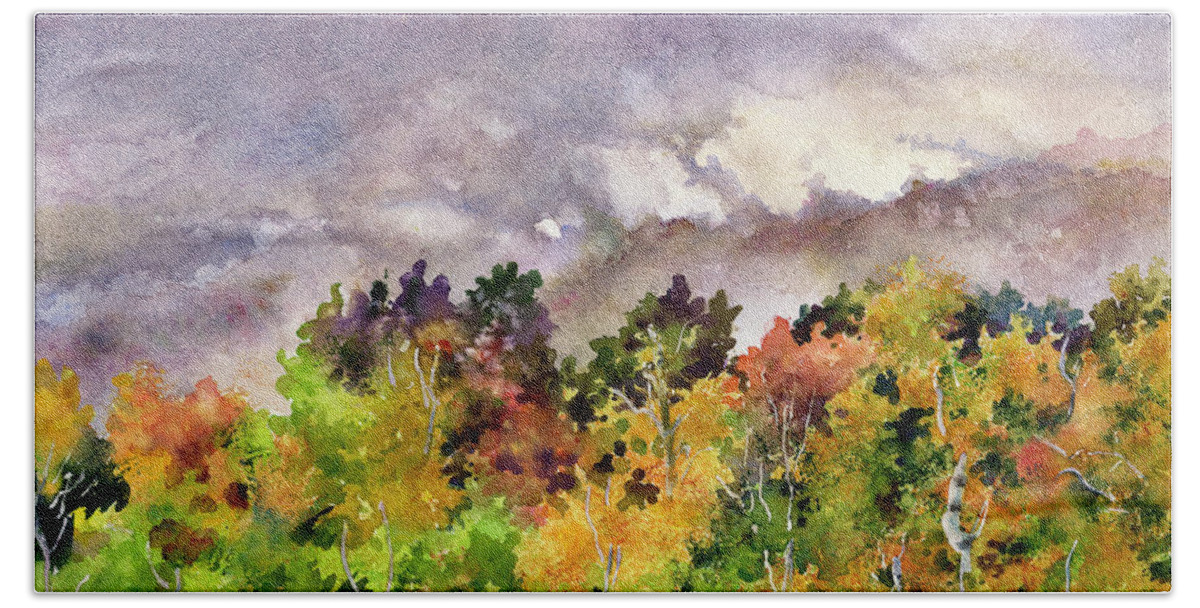 Fall Trees Painting Hand Towel featuring the painting Misty Fall Morning by Anne Gifford