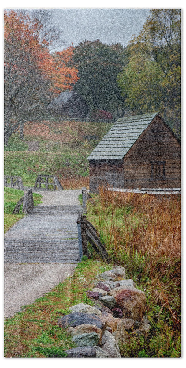 Autumn Foliage Massachusetts Bath Towel featuring the photograph misty morning at Saugus Ironworks by Jeff Folger