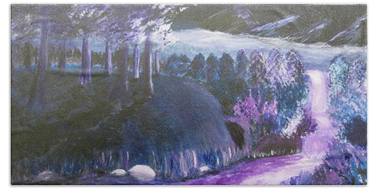  Hand Towel featuring the painting Misty Purple Mountains in the Moonlight by C E Dill