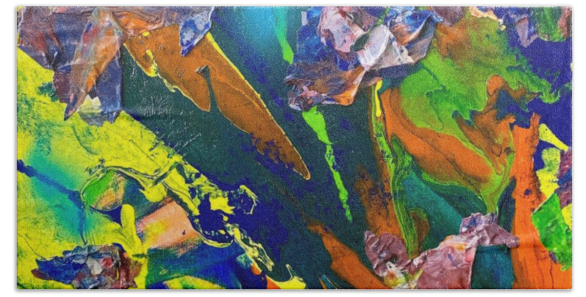 Abstract Bath Towel featuring the mixed media Mixed Media Pour A by Laura Jaffe