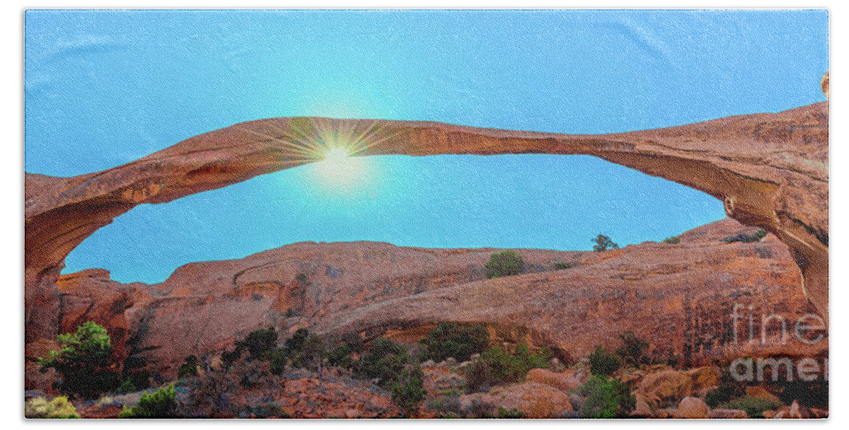 Moab Landscape Arch Hand Towel featuring the photograph Moab Landscape Arch Sun Star 2.5 to 1 Ratio by Aloha Art