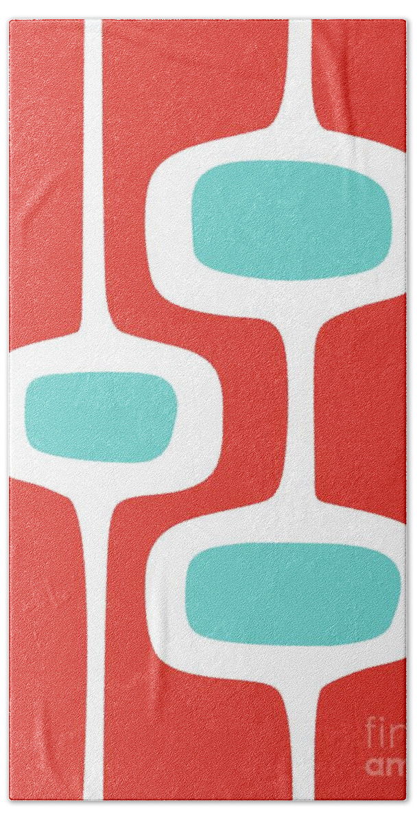 Mid Century Modern Bath Towel featuring the digital art Mod Pod 2 Turquoise on Red by Donna Mibus