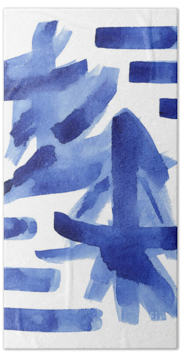 Asian Hand Towel featuring the painting Modern Asian Inspired Abstract Blue and White by Audrey Jeanne Roberts