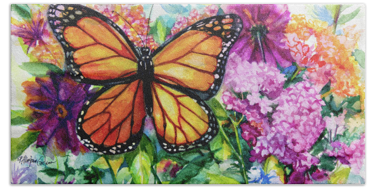 Monarch Hand Towel featuring the painting Monarch in the Garden by Patricia Allingham Carlson