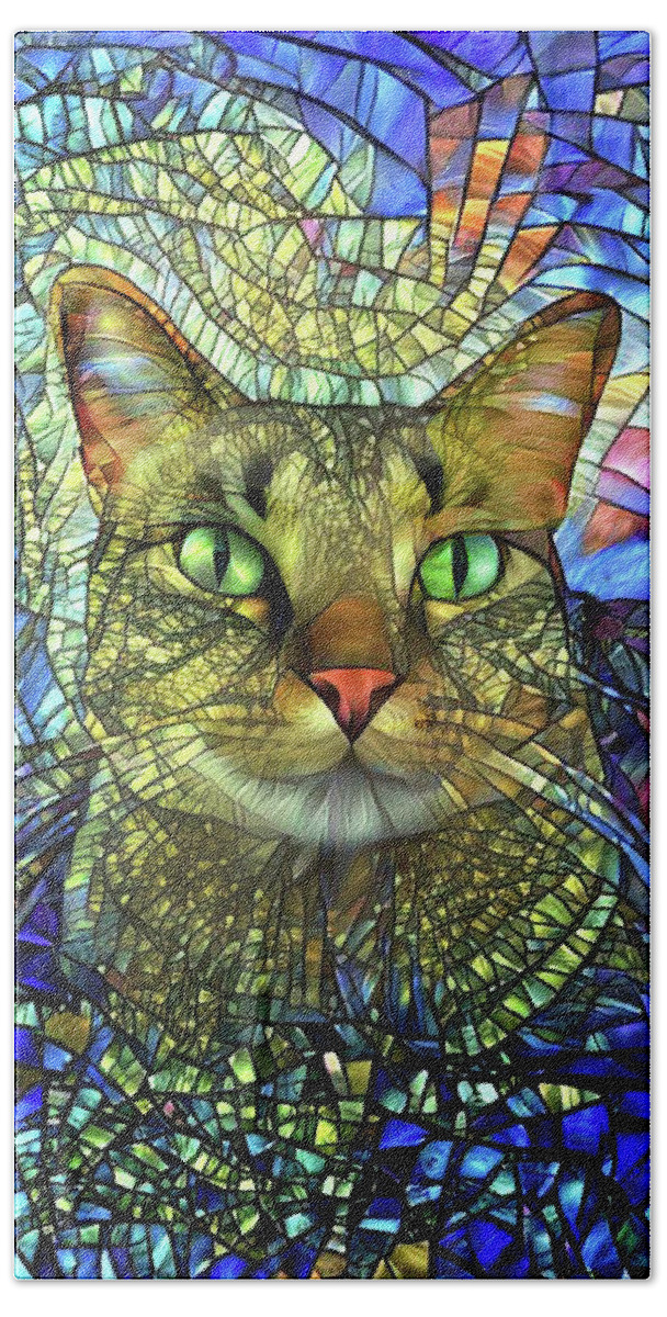 Tabby Cat Bath Towel featuring the digital art Monet the Stained Glass Tabby Cat by Peggy Collins