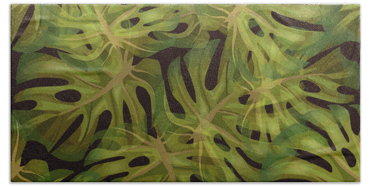 Monstera Hand Towel featuring the mixed media Monstera Leaf Pattern 3 - Tropical Leaf Pattern - Dark Green - Tropical, Botanical Pattern Design by Studio Grafiikka