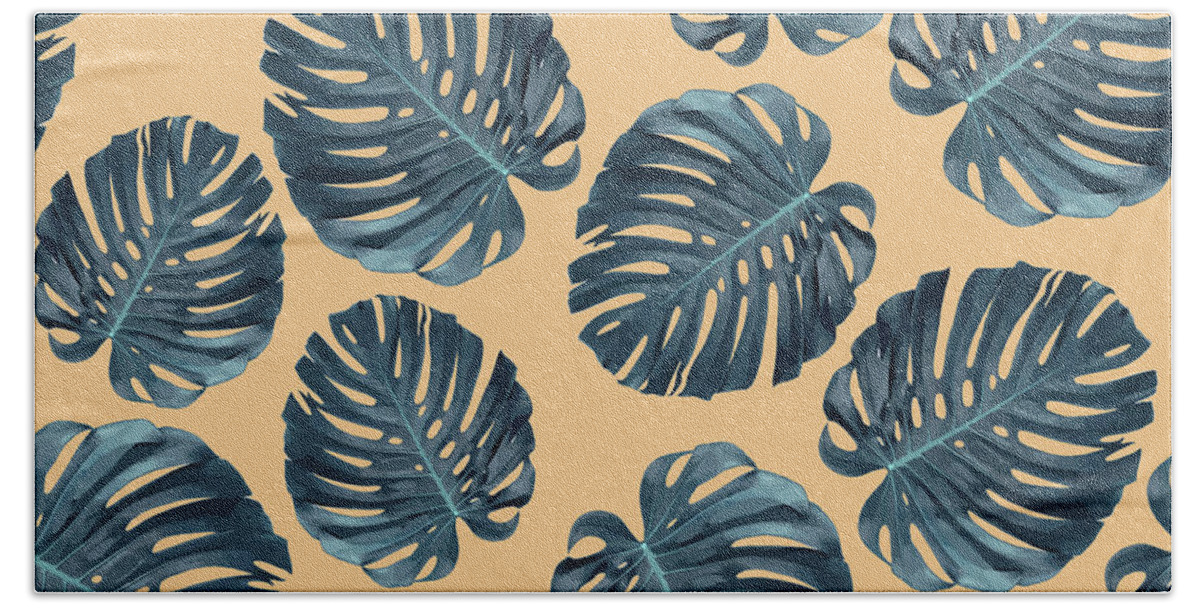 Monstera Hand Towel featuring the mixed media Monstera Leaf Pattern - Tropical Leaf Pattern - Blue, Peach - Tropical, Botanical - Modern, Minimal by Studio Grafiikka