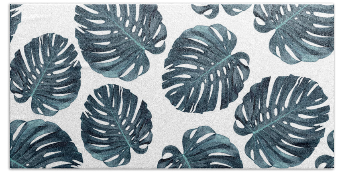 Monstera Hand Towel featuring the mixed media Monstera Leaf Pattern - Tropical Leaf Pattern - Blue - Tropical, Botanical - Modern, Minimal Decor 1 by Studio Grafiikka