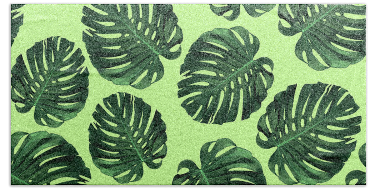 Monstera Hand Towel featuring the mixed media Monstera Leaf Pattern - Tropical Leaf Pattern - Green - Tropical, Botanical - Modern, Minimal Design by Studio Grafiikka
