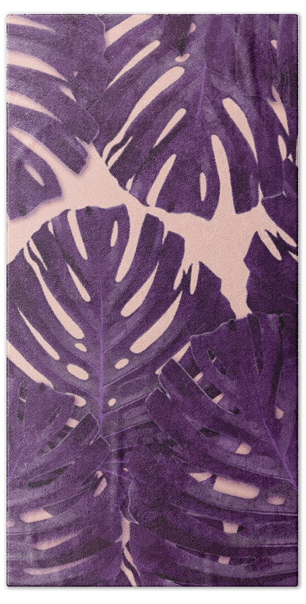 Monstera Hand Towel featuring the mixed media Monstera Leaf Pattern - Tropical Leaf Pattern - Purple - Tropical, Botanical - Modern, Minimal Decor by Studio Grafiikka