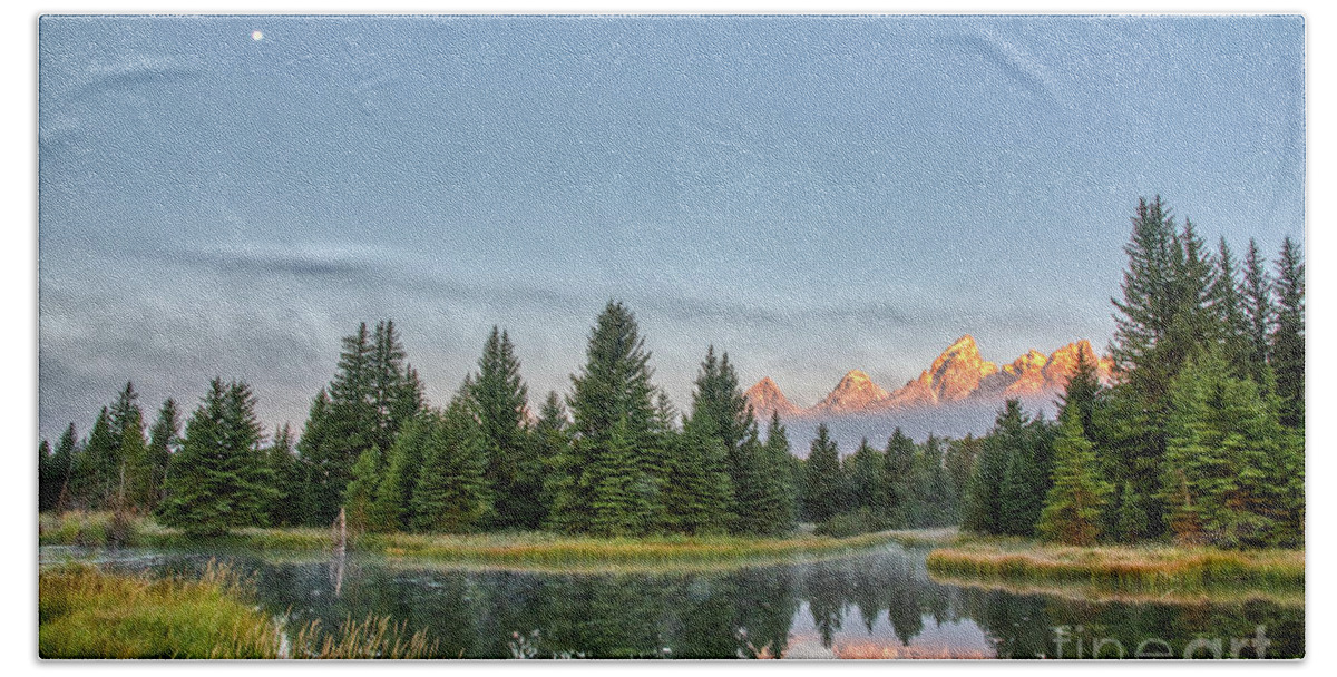 Grand Teton Hand Towel featuring the photograph Moon Over The Tetons by Paul Quinn